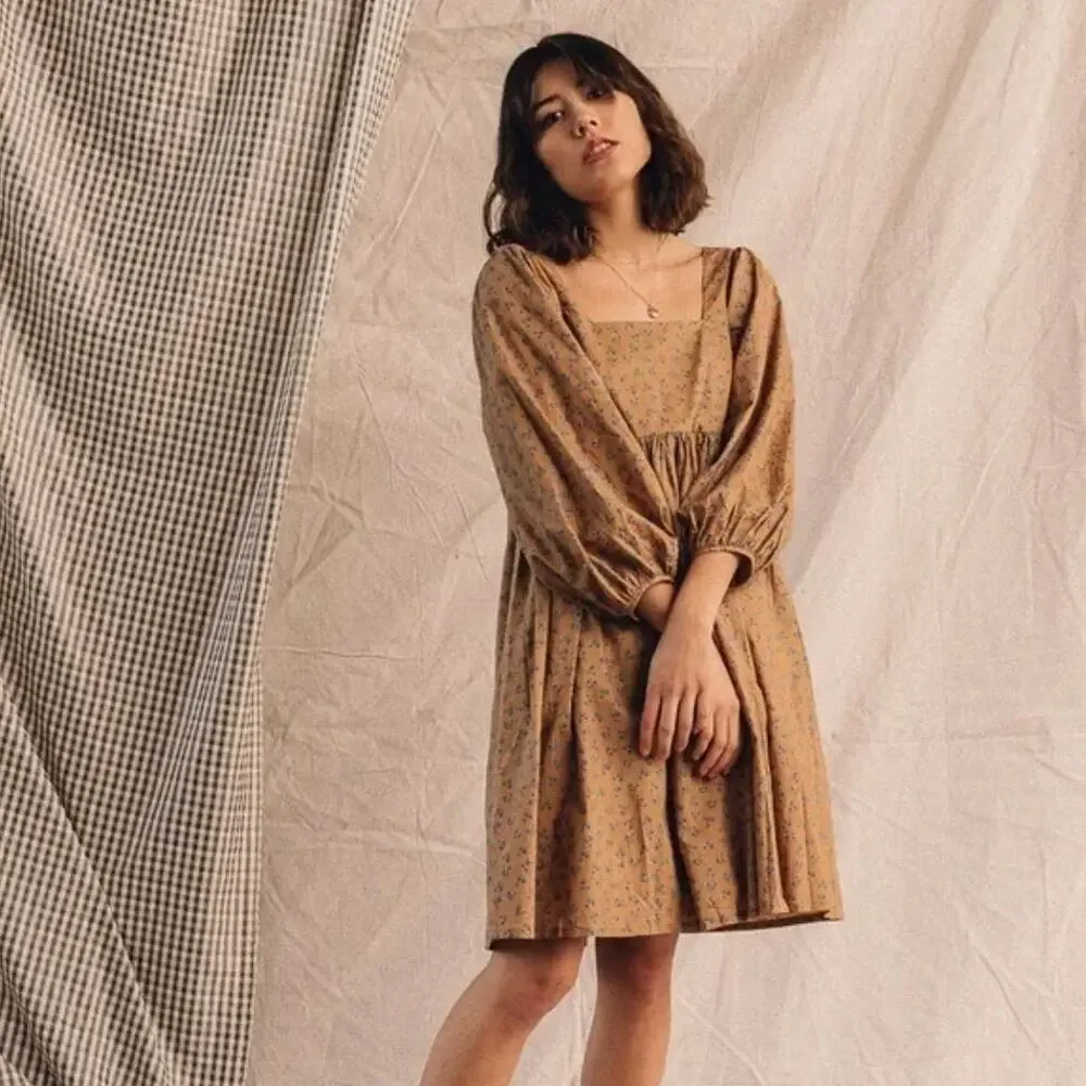 JUST FEMALE Merle Tent Cotton Square Neck Brown Floral Print Dress Extra Small - Picture 1 of 8